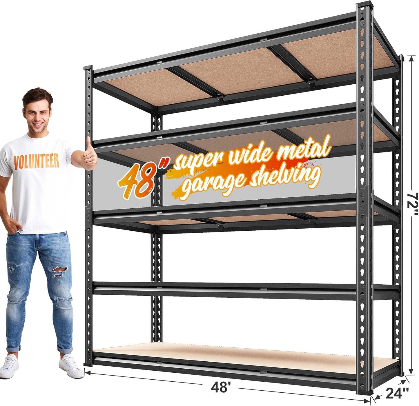 REIBII 48" W Garage Shelving Heavy Duty 3020LBS Storage Shelves 5 Tier Heavy Duty Shelving Adjustable Garage Shelves for Basement, Warehouse, Commercial, Easy Assemble, 48" W x 72" H x 24" D