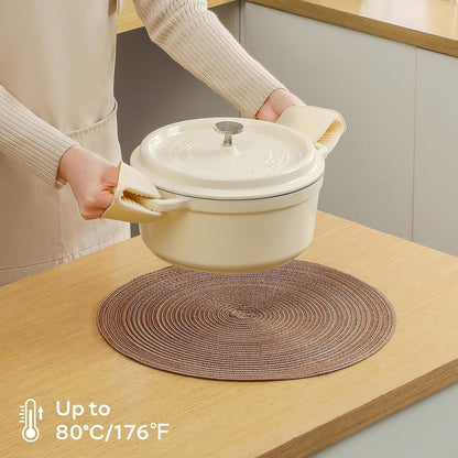 Leetaltree Round Placemats Heat and Slip Resistant Cotton Table Mats, Washable Bohemian Placemats for Dining Tables (Brown, Set of 6)