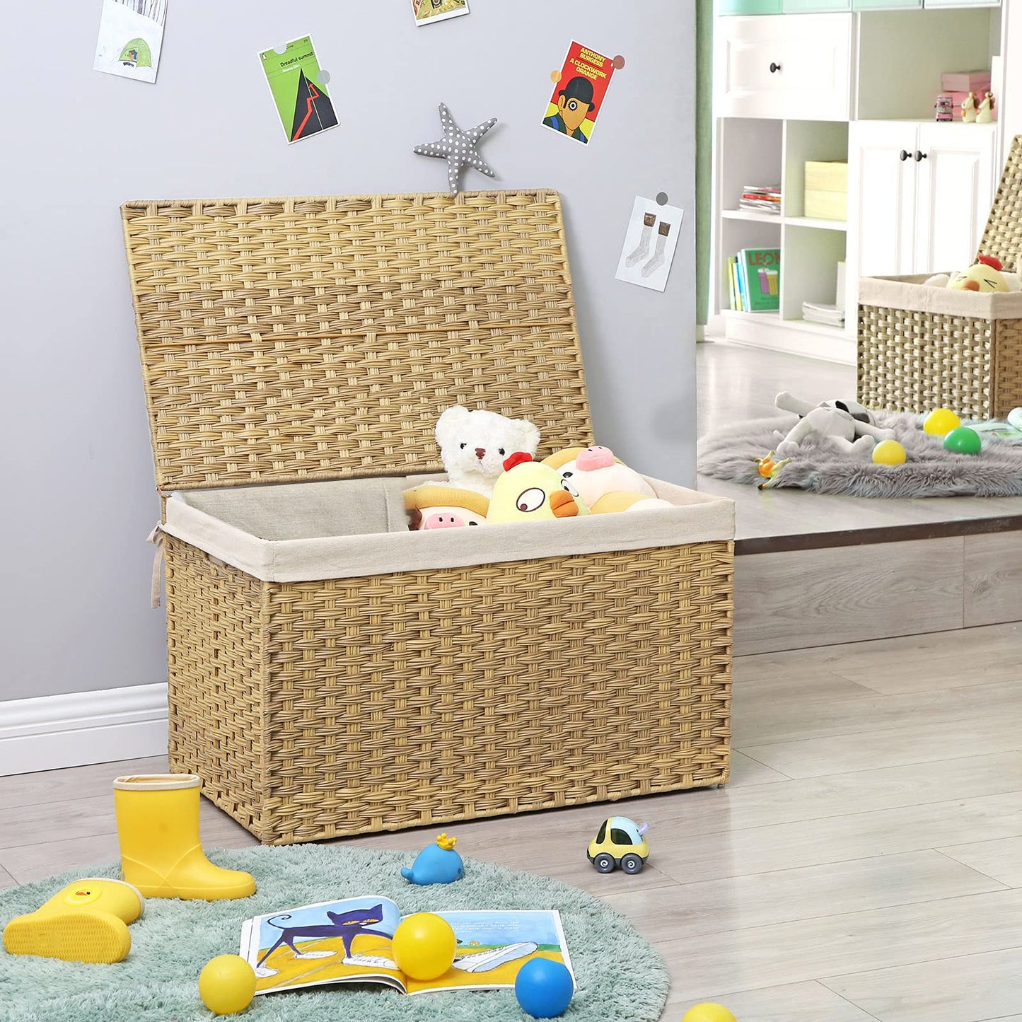 SONGMICS Storage Basket with Lid, Woven Blanket Storage Bin with Handles, Foldable, Removable
