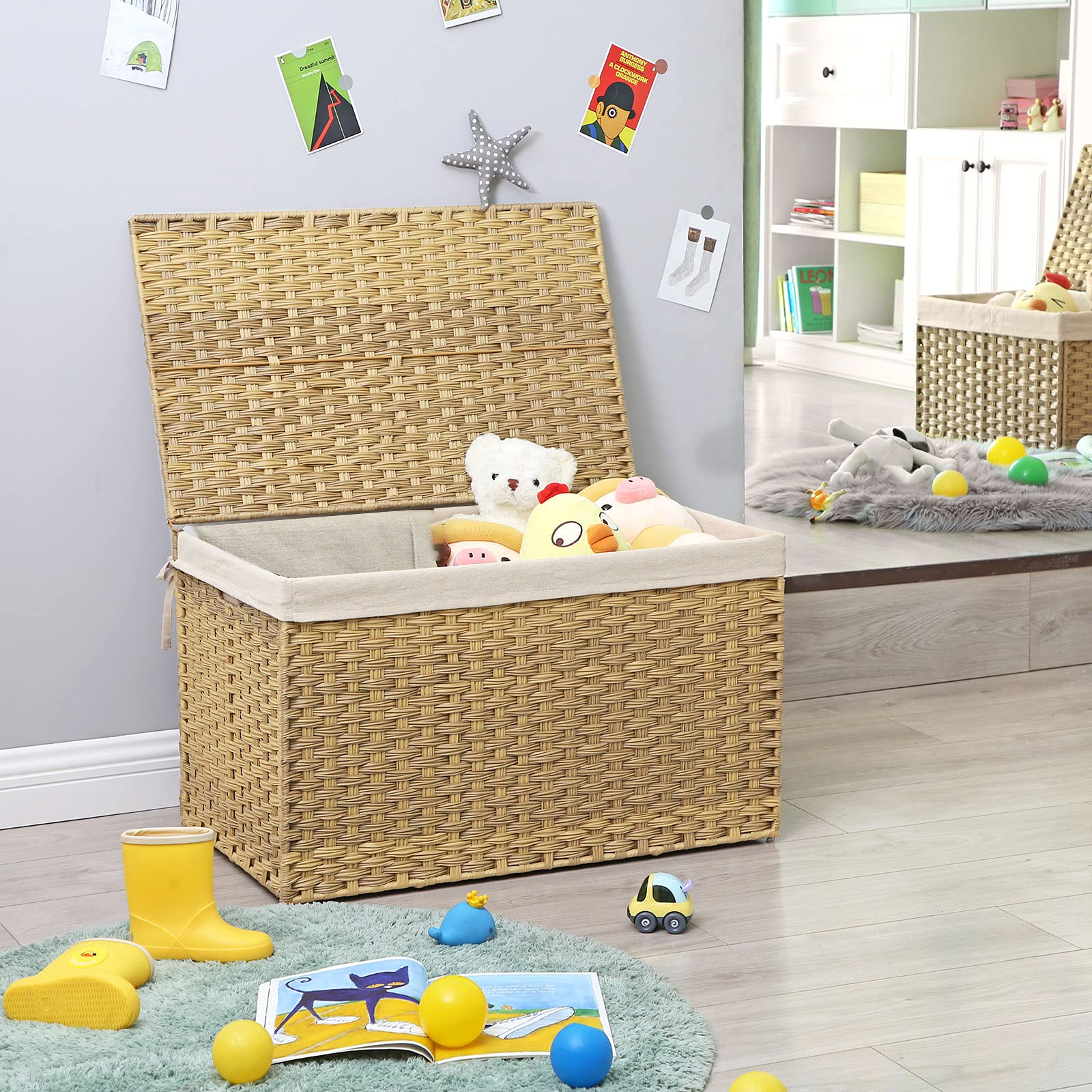 SONGMICS Storage Basket with Lid, Woven Blanket Storage Bin with Handles, Foldable, Removable