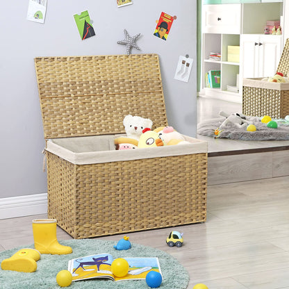 SONGMICS Storage Basket with Lid, Woven Blanket Storage Bin with Handles, Foldable, Removable