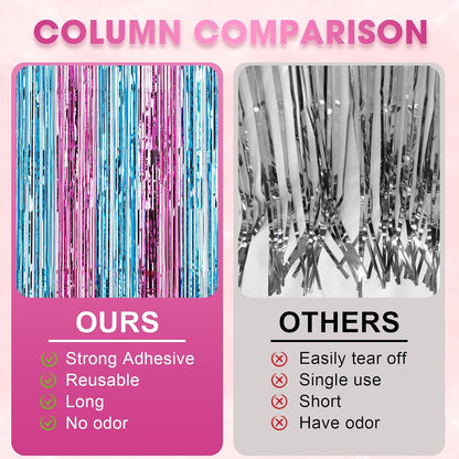3 Pack 3.3x8.2 Feet Blue and Pink Foil Fringe Backdrop Curtains, Tinsel Streamers Birthday Party Decorations, Fringe Backdrop for Graduation, Baby Shower, Gender Reveal, Disco Party