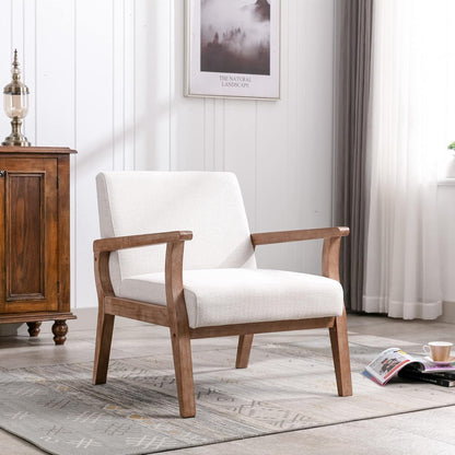 Accent Chair Mid Century Modern Armchair, Linen Upholstered Living Room Accent Armchair with Wood Frame, Farmhouse Chair Indoor Corner Chair for Living Room Bedroom, Ivory