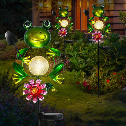 Afirst Solar Lights Outdoor Decorative Metal Frog Crackle Glass Globe Warm White LED Metal Waterproof Garden Stake Lights for Walkway Pathway Lawn Patio Yard Decorations