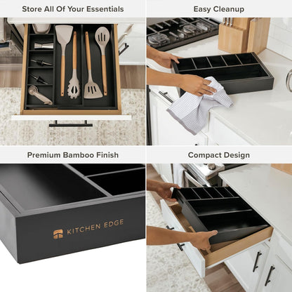 Adjustable Kitchen Drawer Organizer for Utensils and Junk, Food-Safe Contract Grade with 100% Sustainable Wood, Expandable from 10.5 to 19 Inches Wide - Black Bamboo
