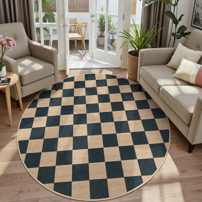 Lahome Checkered Round Rugs 6ft, Outdoor Patio Easy Jute Rug Indoor Outdoor Circle Carpet, Farmhouse Nature Non Shedding Non Slip Washable Black Carpet for Living Room Entry Deck
