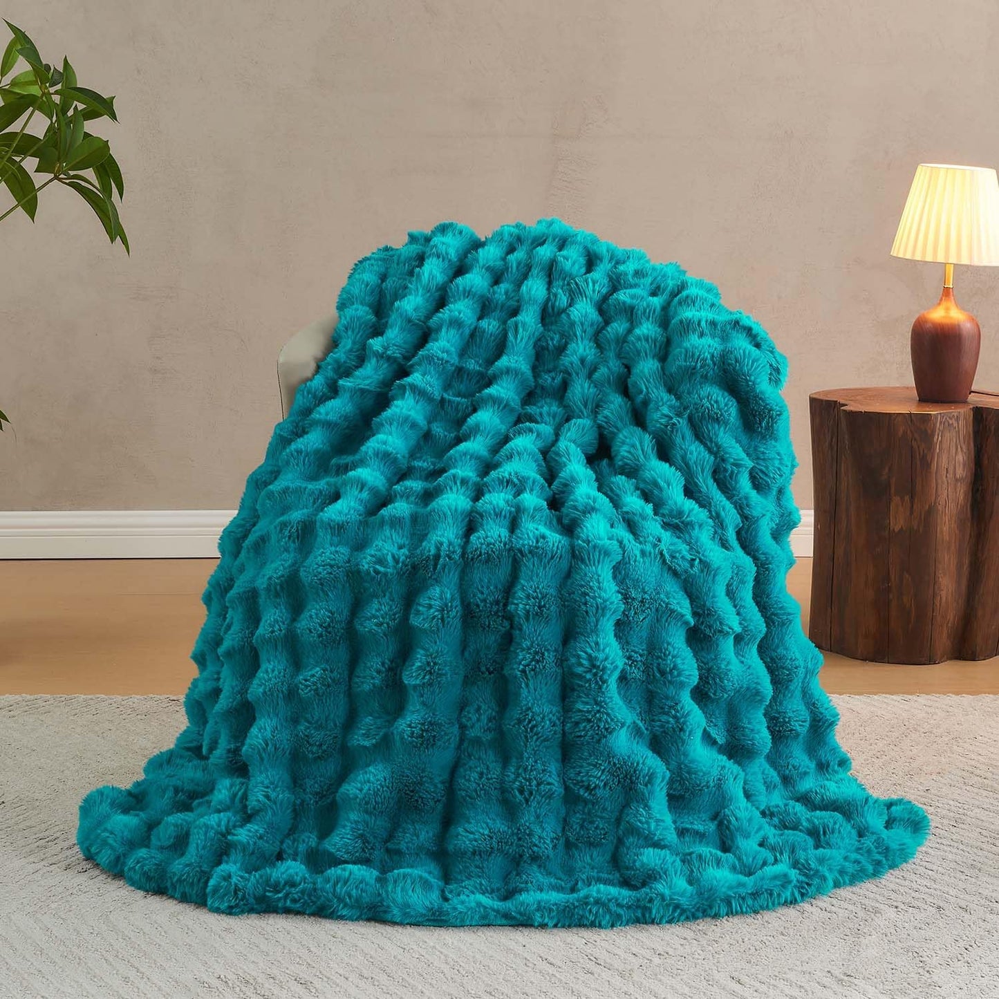 Lotus Karen Faux Fur Throw Blanket Teal - Big Bubble Rabbit Fluff Blanket for Couch Bed Sofa,Softest Fluffy Fuzzy Cozy Blanket,Thick Furry Plush Shaggy Warm Blankets for Women,108x90 Inches