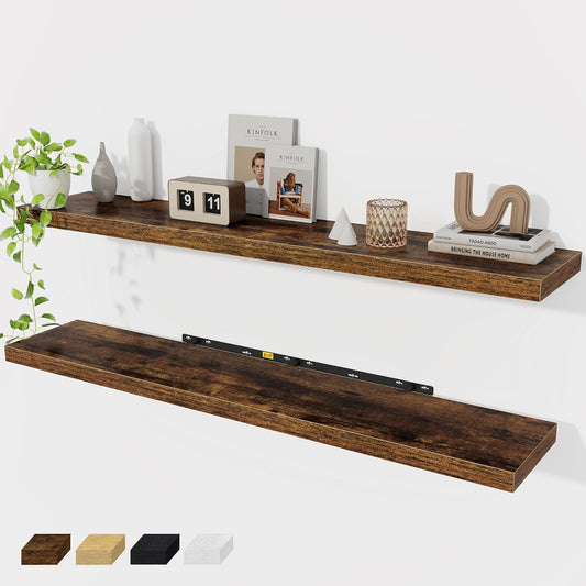 Fun Memories 55 Inch Floating Shelves for Wall 2 Pack Shelves for Bedroom|Kitchen|Bathroom 55 x 9.3 Inch Wood Floating Shelf with Invisible Brackets for Books|Storage|Decor, Rustic Brown