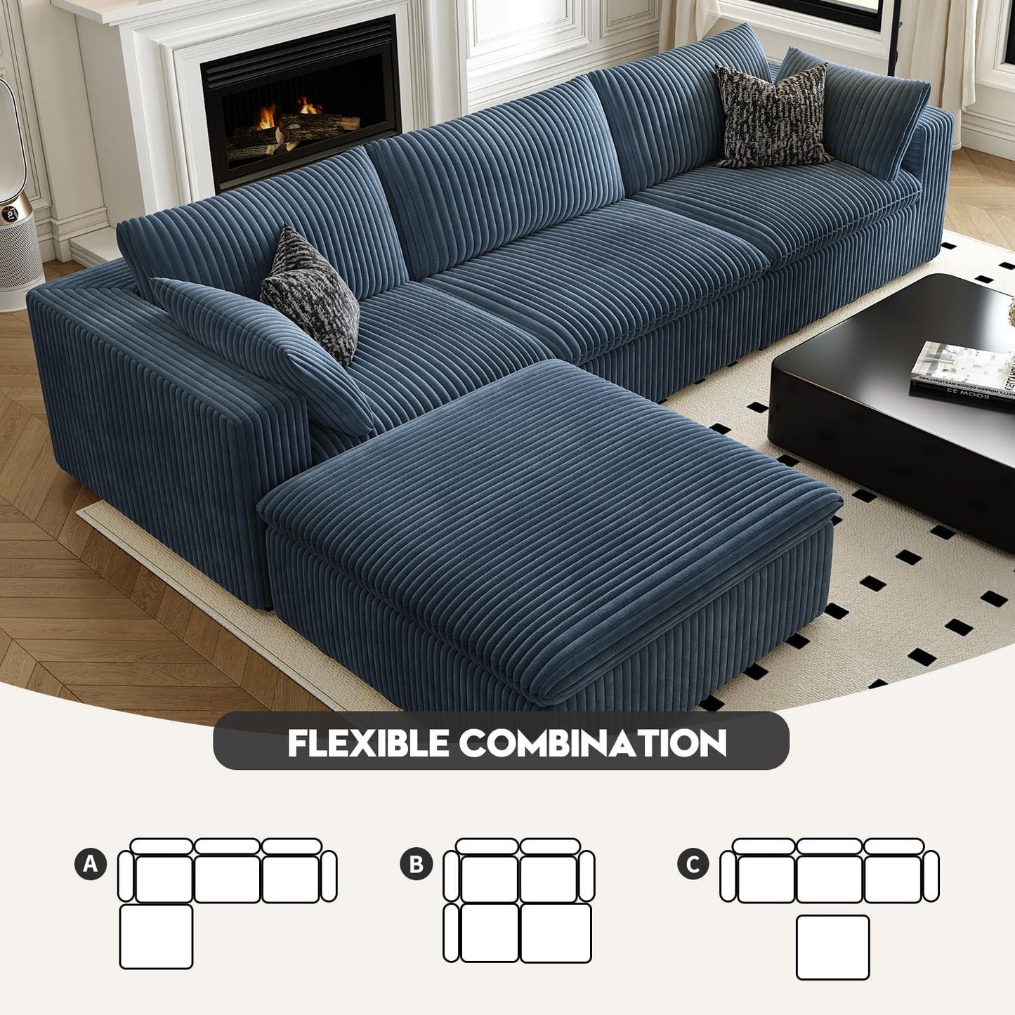 118" Cloud Couch Modular Sectional Sofa for Living Room,Modern Sofa with Deep Seat，L-Shape Boneless Couch with Ottoman,Comfy Upholstered Corduroy Couches for Apartment, Studio, Office,Bedroom，Blue