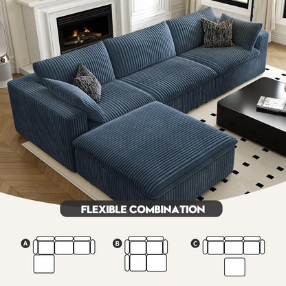 118" Cloud Couch Modular Sectional Sofa for Living Room,Modern Sofa with Deep Seat，L-Shape Boneless Couch with Ottoman,Comfy Upholstered Corduroy Couches for Apartment, Studio, Office,Bedroom，Blue