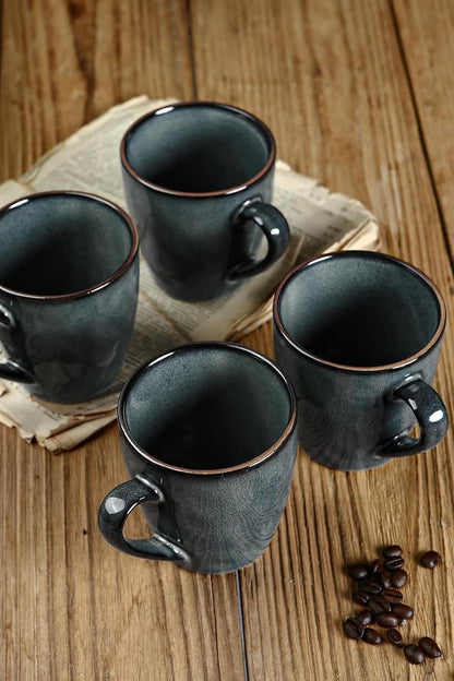 famiware Coffee Mugs Set of 4, Ocean Round 11.5oz Coffee Cup Set with Handle for Cocoa, Milk, Hot Chocolate, Stoneware Cups for Kitchen, Reactive Glaze, Microwave Dishwasher Safe, Deep Forest