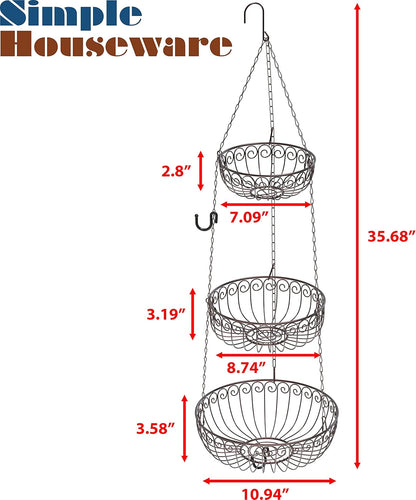 Simple Houseware 3-Tier Fruit Hanging Basket, Bronze