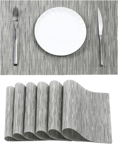 Leetaltree Silver Placemats Set of 6 - Heat Resistant Non-Slip Place mats for Dining Table, Washable Durable PVC Vinyl Woven Table Mats（Silver, 6）