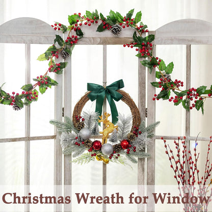 Christmas Door Wreath Lighted Xmas Wreaths - Walasis Winter Wreaths for Front Door Decor Outside Flocked Christmas Wreath Hanging with Lights for Wall