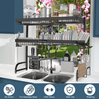 Over The Sink Dish Drying Rack,3 Tier Adjustable Length (25.5'' to 37.4'') Full Stainless Steel Large Storage Kitchen Dish Rack,for Kitchen Counter Expandable Multifunctional Organizers,Black