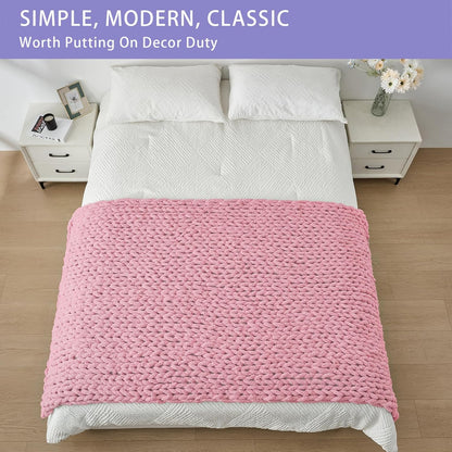 Bigacogo Chunky Knit Throw Blanket for Couch, 40x80 inches, 100% Hand Knitted with Thick Jumbo Chenille Yarn, Cozy Soft Large Rope Knot Cable Crochet Blankets for Sofa Bed Living Room, Blush Pink