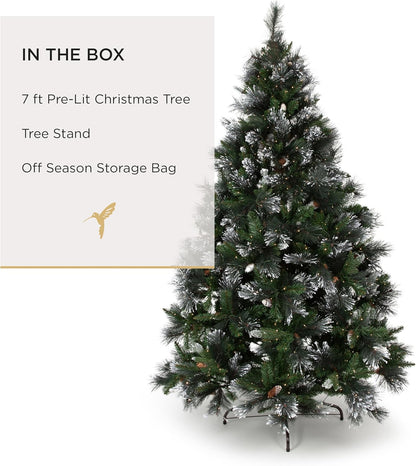 Papyrus Frosted 7 ft Pre-Lit Artificial Christmas Tree, Carolina Pine, Pine Cones, Warm White Lights, Includes Stand and Storage Bag
