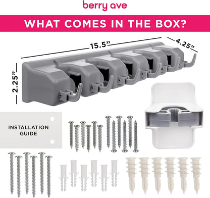 Combo 5 Slot Broom Holder w/ 1 Self Adhesive Mop Gripper No-Drilling, Wall Mount Tool Organizers For Kitchen, Garage, Laundry Room- Anti-Slip Hanger For Brooms, Mops, Rakes, Dustpans (Grey / White)