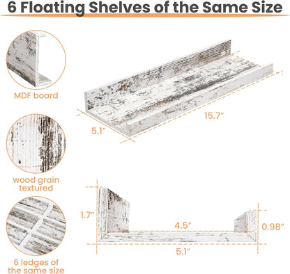 upsimples Floating Shelves for Wall, Wall Shelves for Decor Storage Set of 6, Wall Mounted Wood Shelf for Bedroom, Living Room, Bathroom, Kitchen, Picture Ledge Shelf, Rustic White