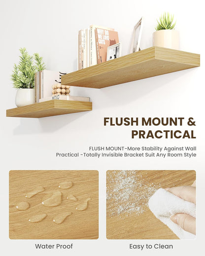 Marsmiles 48" Floating Shelves for Wall, Wooden Shelves with Invisible Brackets Set of 2, Rustic Farmhouse Wall Mounted Shelf for Kitchen Bathroom Living Room Study, Natural Oak