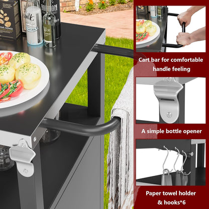 Vongrasig Grill Cart with Storage, Outdoor Bar Cart Rolling BBQ Cart Movable Pizza Oven Table Stand with Foldable Stainless Steel Top & Storage Cabinet, Black