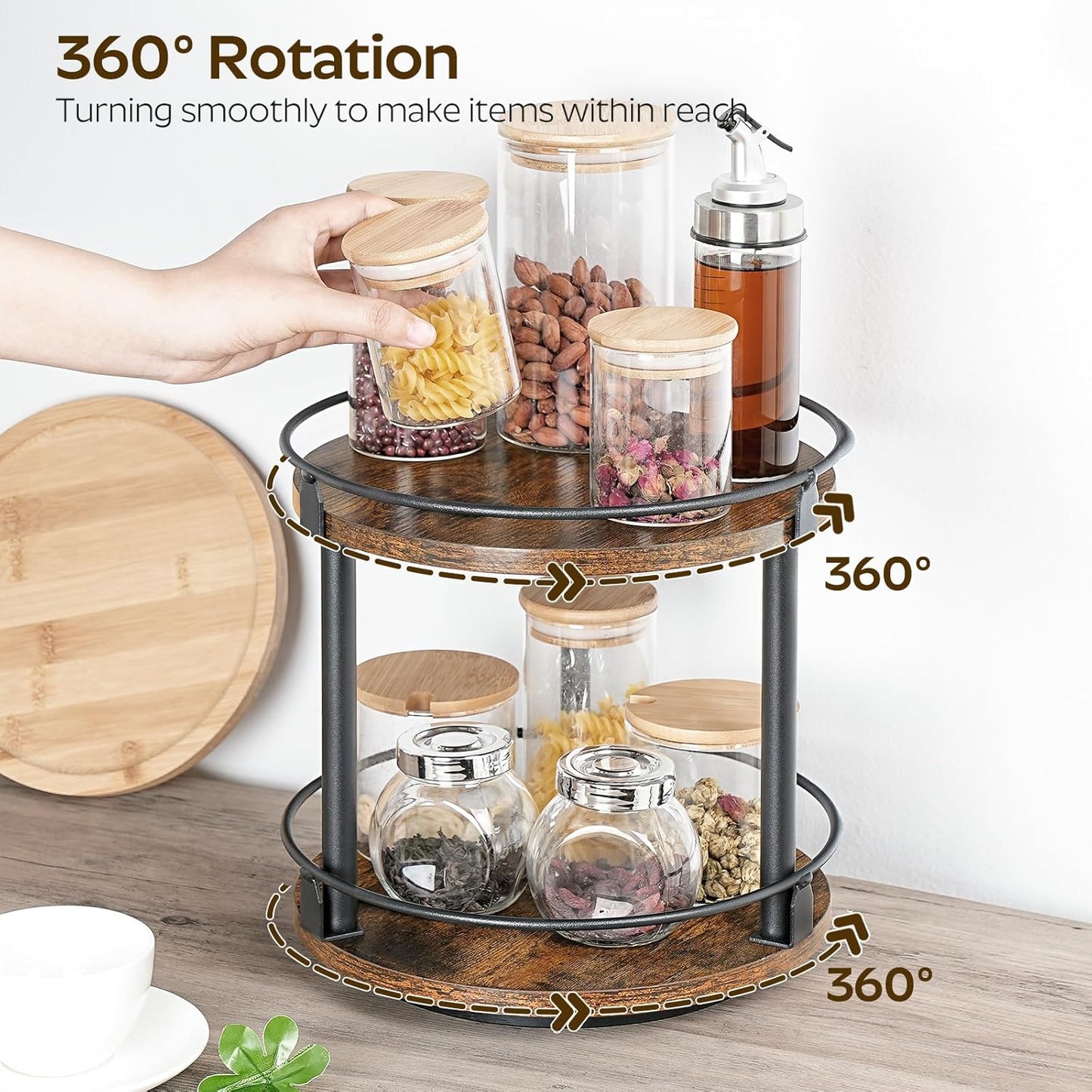 Spice Rack, Set of 2 Lazy Susan Organizer, 2-Tier Turntable Organizer, Rotating Spice Rack Organizer For Cabinet, Compact and Versatile, for Kitchen Countertop, Rustic Brown SR22L2BR