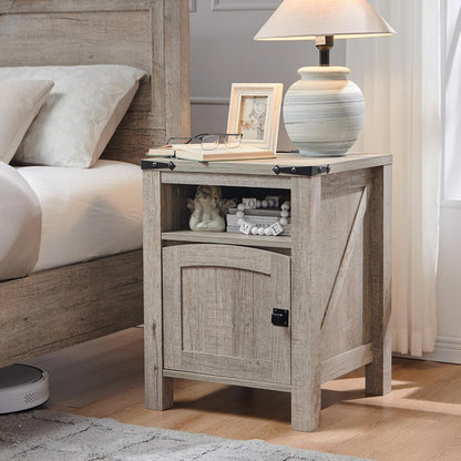 OKD Nightstand with Charging Station Set of 2, 18 Inchs Farmhouse End Table with Adjustable Storage Shelf, Rustic Wood Sofa Side Table for Bedroom