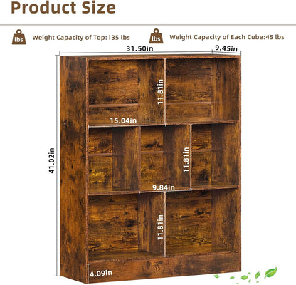 LEYAOYAO 7 Cube Bookshelf with Wood Base, Brown 3 Tier Mid-Century Modern Bookcase,Standing Wide Bookshelves Storage Organizer Shelf,Rustic Display Cabinet Book Shelves for Bedroom,Living Room,Office