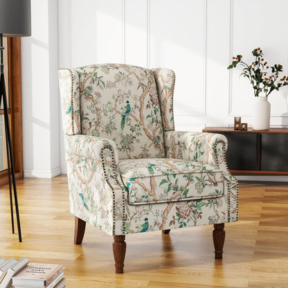 UIXE High Back Accent Chairs Set of 2, Fabric Upholstered Armchair for Living Room, Retro Printed Wingback Arm Chair Rivet Trimed Single Sofa Bedroom Reading Seat - Bird Floral