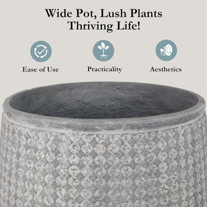 Worth Garden Large Grey Round Planter – 14.5" Dia x 17.5" H Lightweight Magnesium Oxide Cement Plant Pot with Texture – Raised Pattern Concrete Look – Drainage Hole – Indoor & Outdoor Use