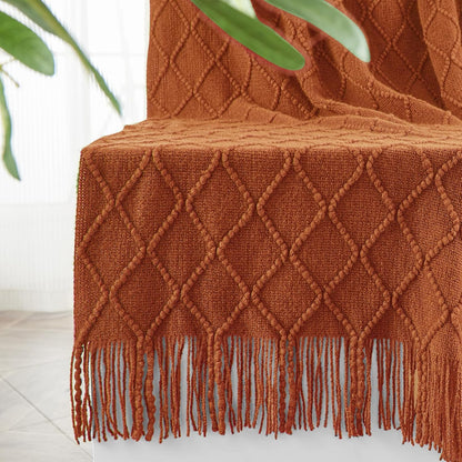 inhand Knitted Throw Blankets for Couch and Bed, Soft Cozy Knit Blanket with Tassel, Orange Rust Lightweight Decorative Blankets and Throws, Farmhouse Warm Woven Blanket for Men and Women, 60"x80"