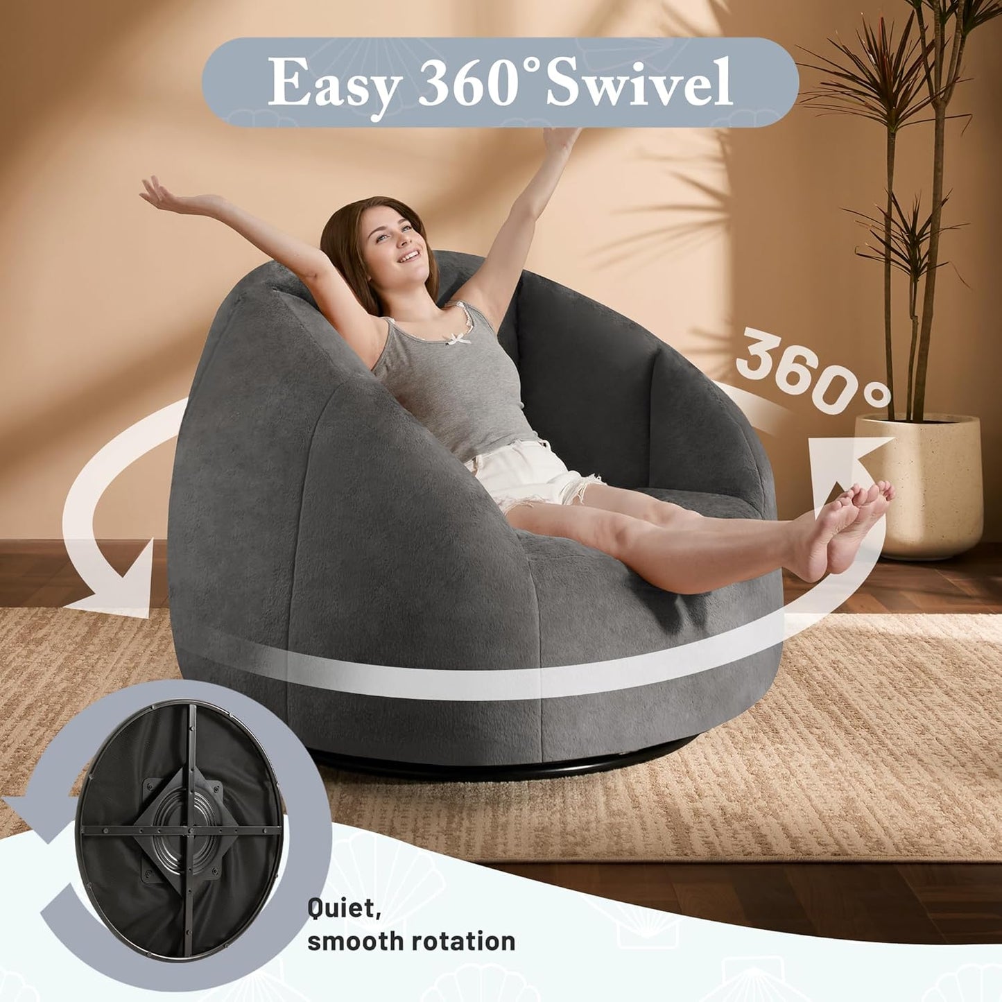 Giant Bean Bag Swivel Chair for Adults - Comfy Plush Round Shell Soft Accent Beanbag Chair, Oversized Cozy Floor Sofa Reading Chair for Living Room, Bedroom & Game Rooms, Gray