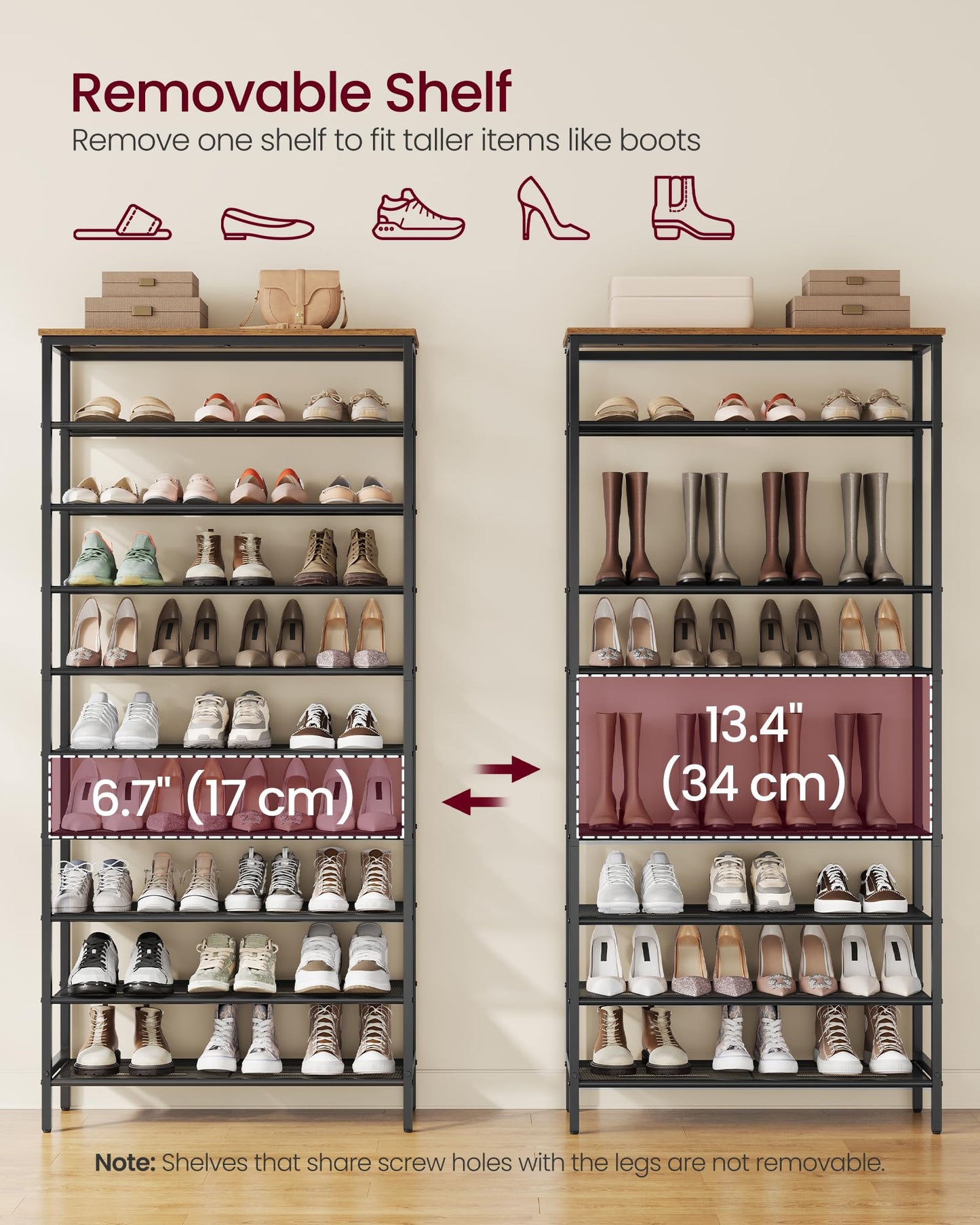 VASAGLE Shoe Rack with 9 Mesh Shelves and 1 Large Top for Bags, Steel Frame