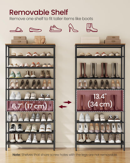 VASAGLE Shoe Rack with 9 Mesh Shelves and 1 Large Top for Bags, Steel Frame