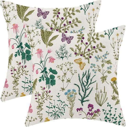 CXMEIFLY Spring Pillow Covers 18 x 18 Inch Set of 2 Vintage Sage Green Teal Wild Flowers Decor Throw Pillows Leaves Plant Outdoor Farmhouse Decorative Cushion Cases for Couch Bed Sofa Decoration