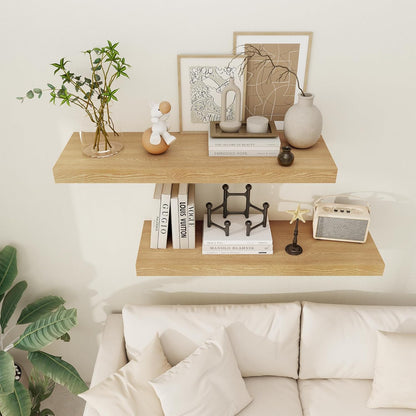 Floating Shelves 36 Inch Long, 12 Inch Deep Floating Shelves for Wall, 36 x 12 Shelves for Wall Storage & Display, 2" Thick Floating Shelf for Bathroom, Living Room, Bedroom, Oak Color, Set of 2