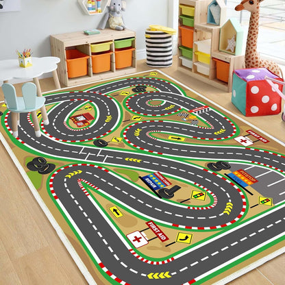 Kids Rug Play mat Playroom Rugs Car Rugs for Kids Toy Cars Race Track for Classroom Rug (Race-Brown, 4x6ft)