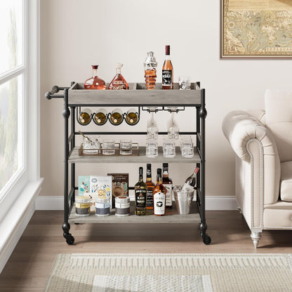 GarveeHome Bar Cart, Bar Carts for The Home, 3 Tier Serving Cart with Wheels, Home Bar & Serving Carts, Metal Rolling Cart with Wine Rack & Removable Tray for Kitchen, Dining Room, Living Room-Grey