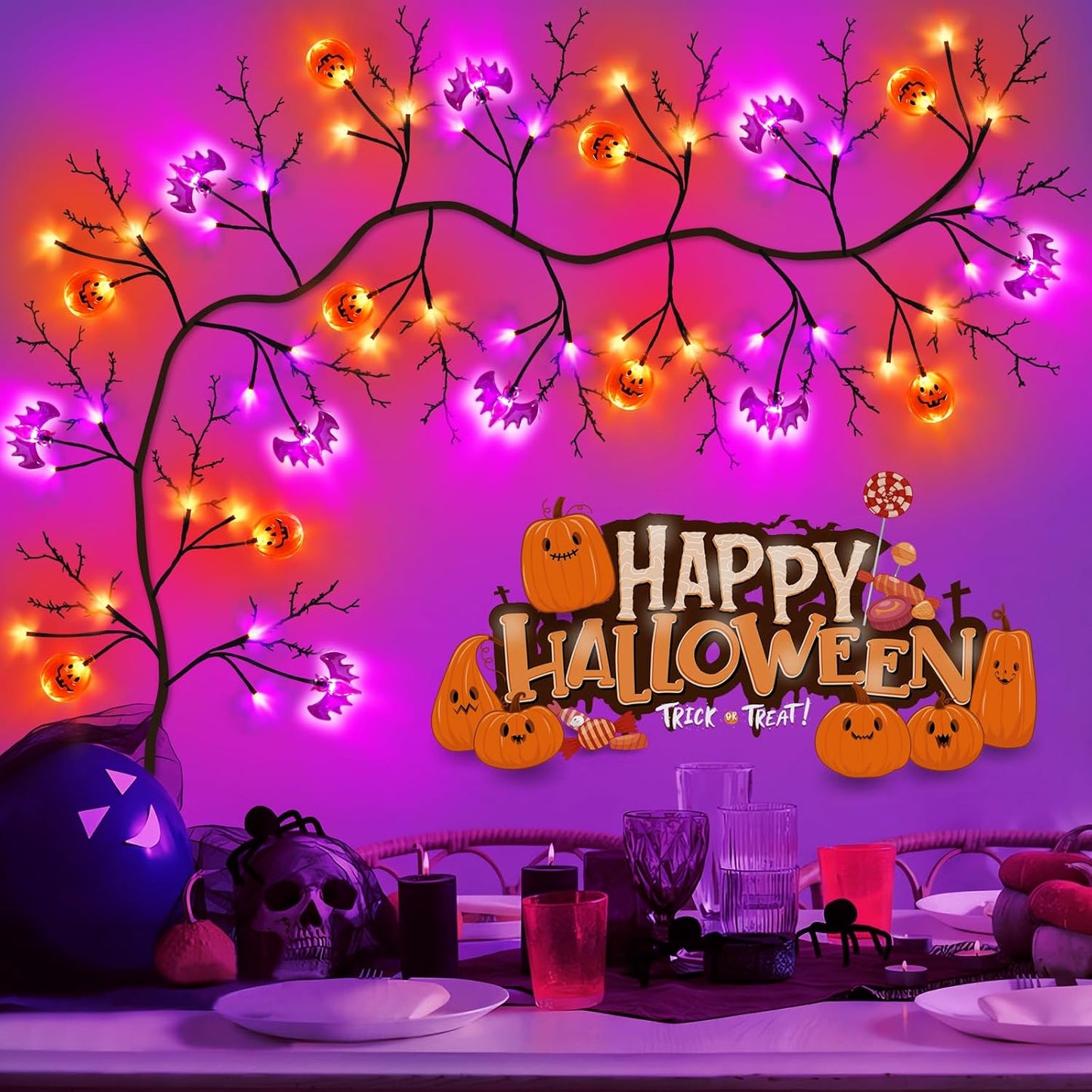 7 Ft 63 LED Halloween Willow Vine Twig Garland with 8 Modes Timer Orange Purple 21 Pumpkin Bats Lights,Halloween Garland with Waterproof Battery Operated for Indoor Wall Fireplace Decorations