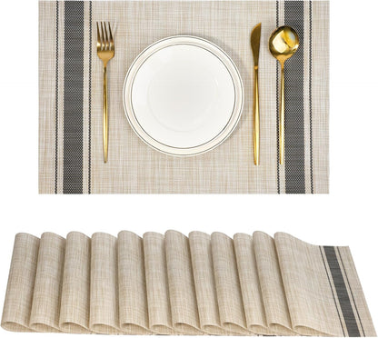 Placemats Set of 12，Non-Slip PVC Weave Table Mats Easy to Clean，Heat Resistant Place Mats for Kitchen Dining Table Decoration Indoor Outdoor，Khaki Gray