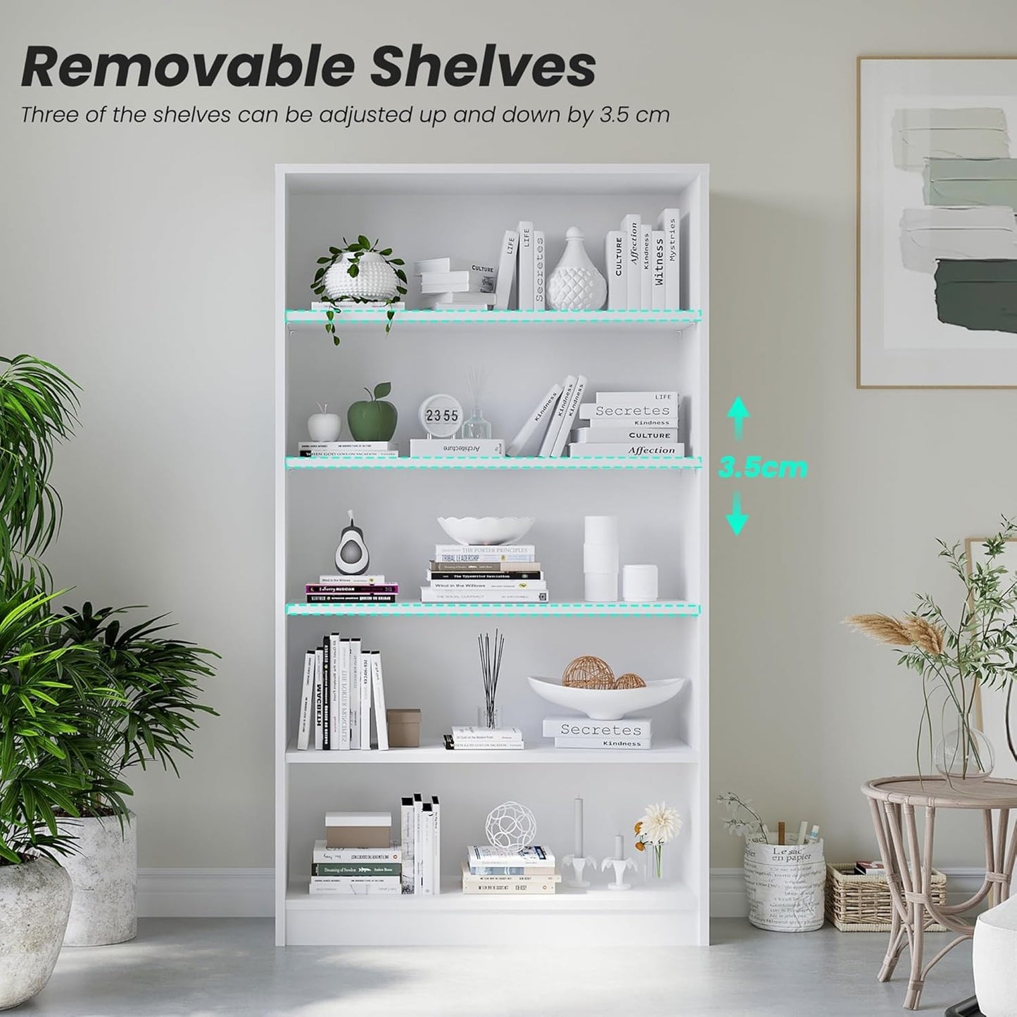 Bookshelf, Open Modern Bookshelf, 5 Shelf Bookcase with Freestanding Display Storage, Wooden Book Shelf for Bedroom, Living Room, Dinning Room, Office, 60 Inch, White