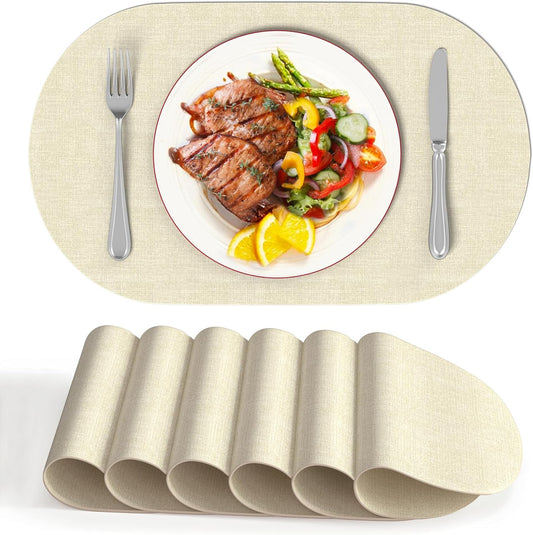 DOLOPL Placemats Set of 6, Oval Reversible Wipeable & Heat Resistant Place Mats, Modern Faux Leather Table Mats for Kitchen, Neutral Tablemats for Dining Table Decor, Wedding, Party(Beige)