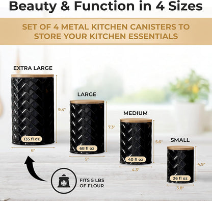 Pebble & Stem® Black Metal Canister Set for the Kitchen Counter, Food Canister Set of 4, Airtight Lids, Sugar and Flour Containers for Countertops, Coffee and Tea Storage, Farmhouse Decor