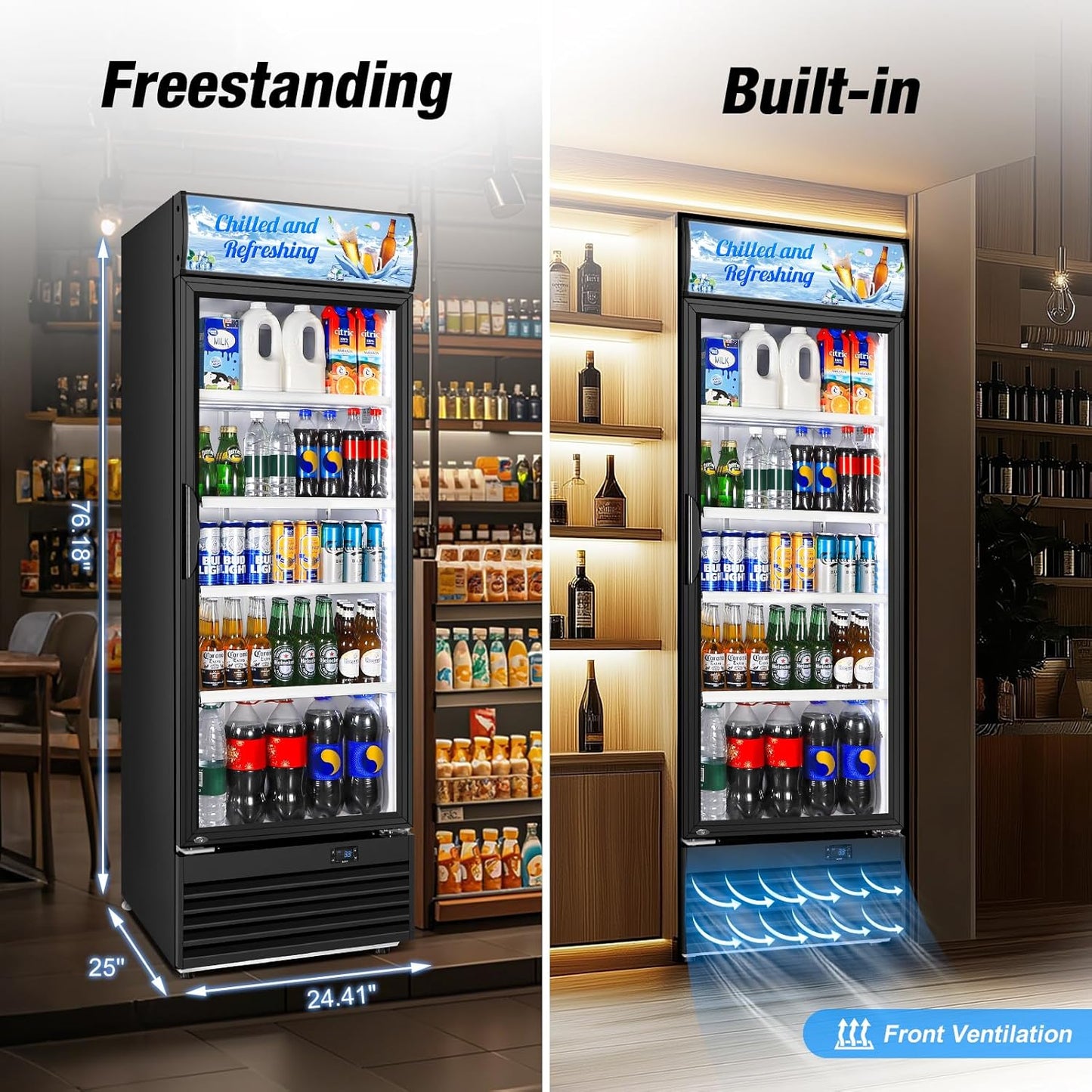Commercial Beverage Refrigerator, 24 Inch Beverage Fridge, 15 Cu. Ft. Drink Fridge, Display Refrigerator Glass Door, Commercial Display Fridge with Customizable Light Box for Shops, Restaurants, Bars
