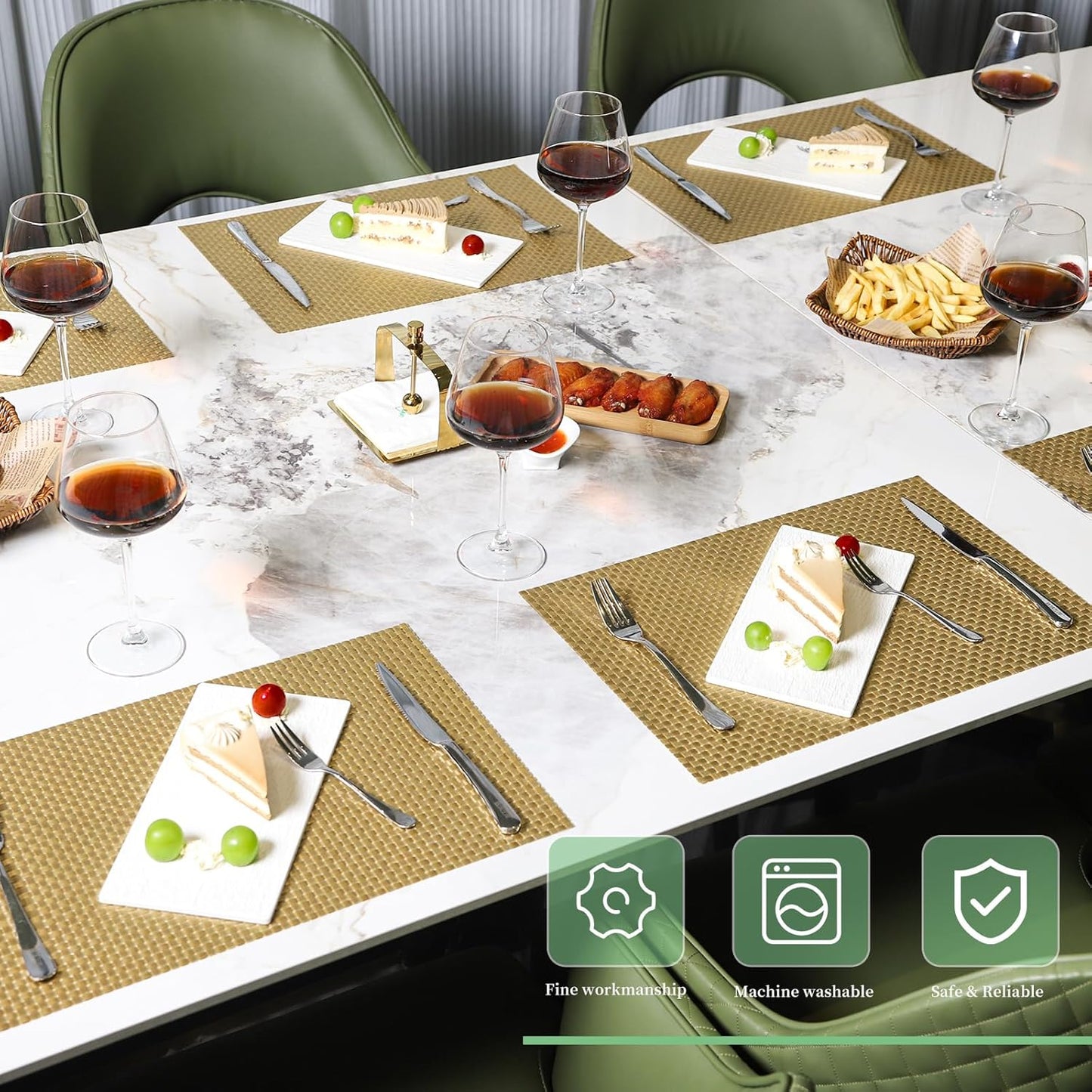 Vinyl Plastic Placemats Set of 4 Washable Heat Resistant Non-Slip Elegant Indoor Outdoor Kitchen Dining PVC Woven Table Place Mats (Gold Weaving)