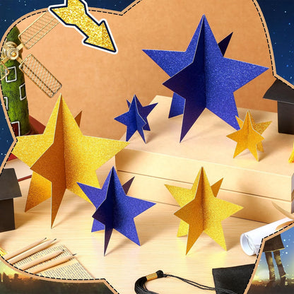 45 Pcs 3D Star Centerpieces Movie Night Decorations for Table in 3 Sizes Hanging Supplies for Red Carpet Film Show Theme Birthday New Year Party First Day of School Table Decor(Blue, Gold)