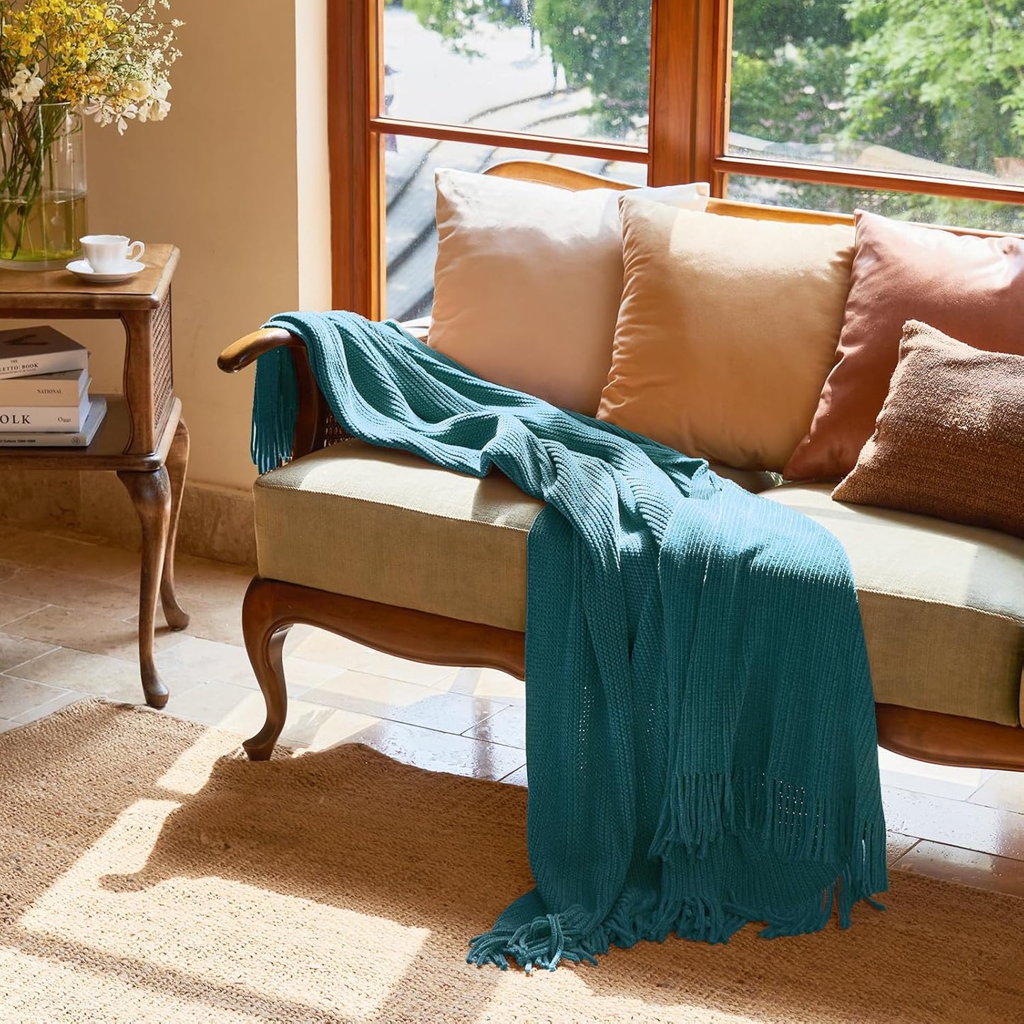 lifein Throw Blanket for Couch, Soft Boho Decor Bed Throw,Cozy Teal Knitted Chenille Small Farmhouse Lightweight Throw for Spring(Teal,50 * 60")
