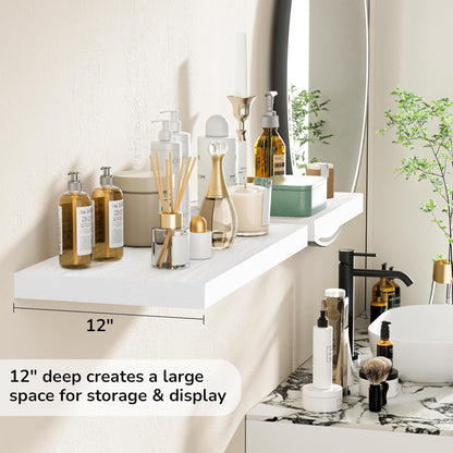 Fun Memories Floating Shelves - 2 Pack 12 Inch Deep Rustic Wooden Wall Shelves - Extra Deeper & Thicker Wall Mounted Storage Shelf for Living Room, Kitchen, Farmhouse - 24" W x 12" D x 1.5" H - White