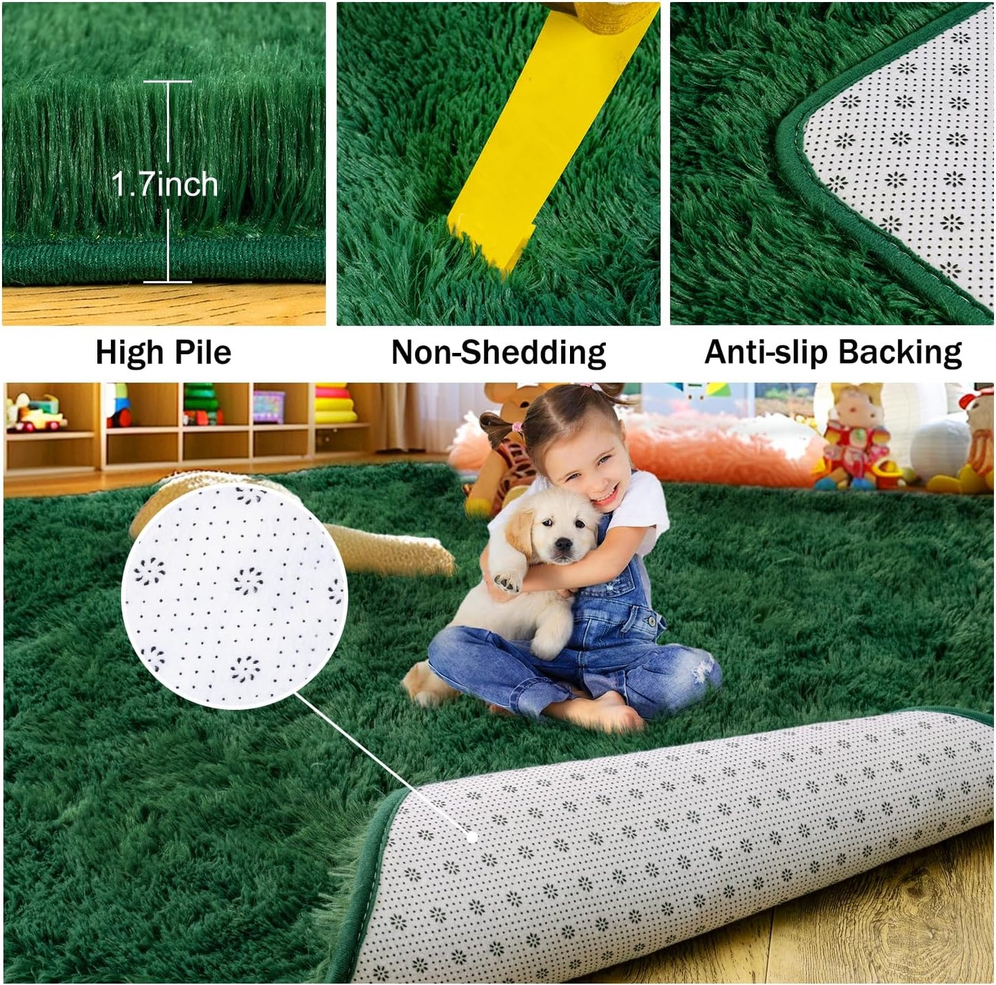 Rezutan Modern Shaggy Area Rug - Super Soft Fluffy Non-Slip Living Room Bedroom Rug for Kids Nursery, Classroom, Bedside Decor, Blackish Green, 2 X 6 Feet