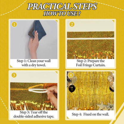 3 Pack Foil Fringe Backdrop - Laser Gold Shiny Tinsel Curtains for Party Decoration/Photo Booth Props - 3.3x8.2 FT Metallic Foil Backdrop for Birthday, Wedding, Graduation, Christmas.